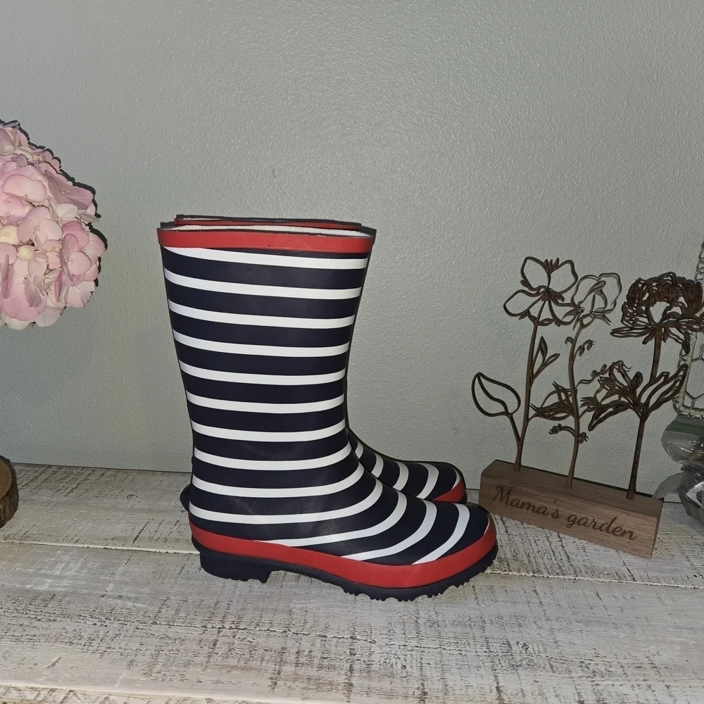 Mini Boden Striped Rain Boots with Red Accents Girlie Girlhood